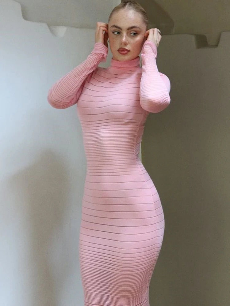 Sexy Knit Maxi Dress Women Long Sleeve